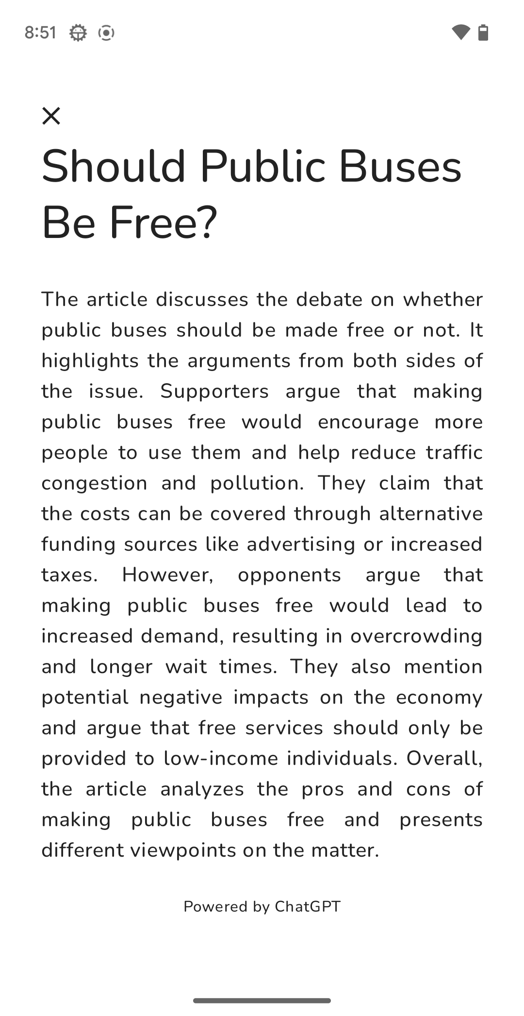 A simple text screen that summarizes an article about whether buses should be free.