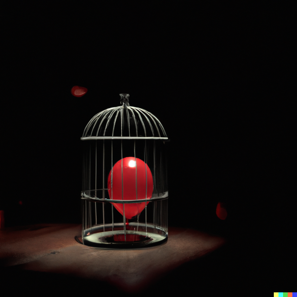 A confused red balloon locked in a cage in a dark room, photorealistic. Generated with DALL-E