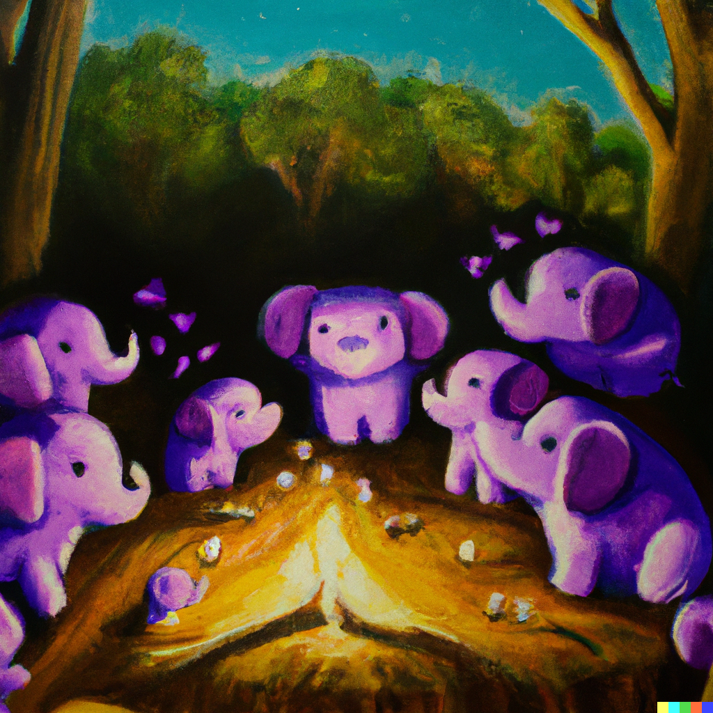 An AI-generated image of a bunch of happy purple elephants sitting around a campfire in a forest.