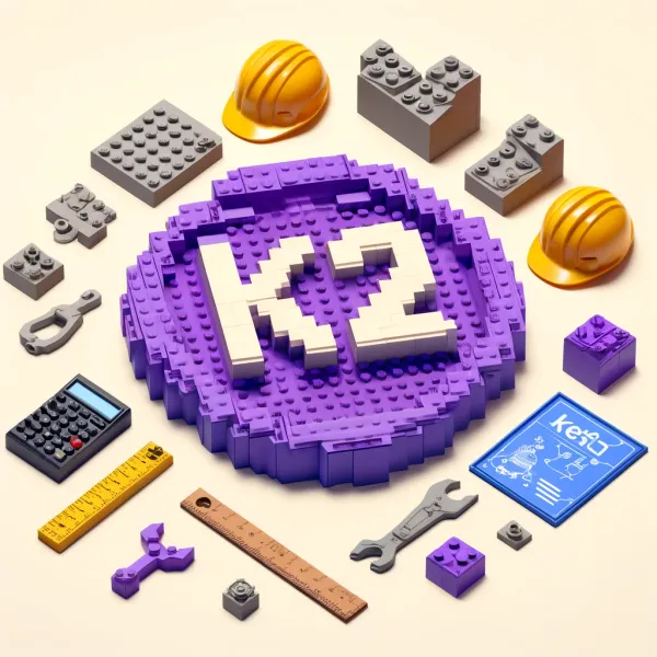 A purple lego K2 logo with assorted construction tooling around it.